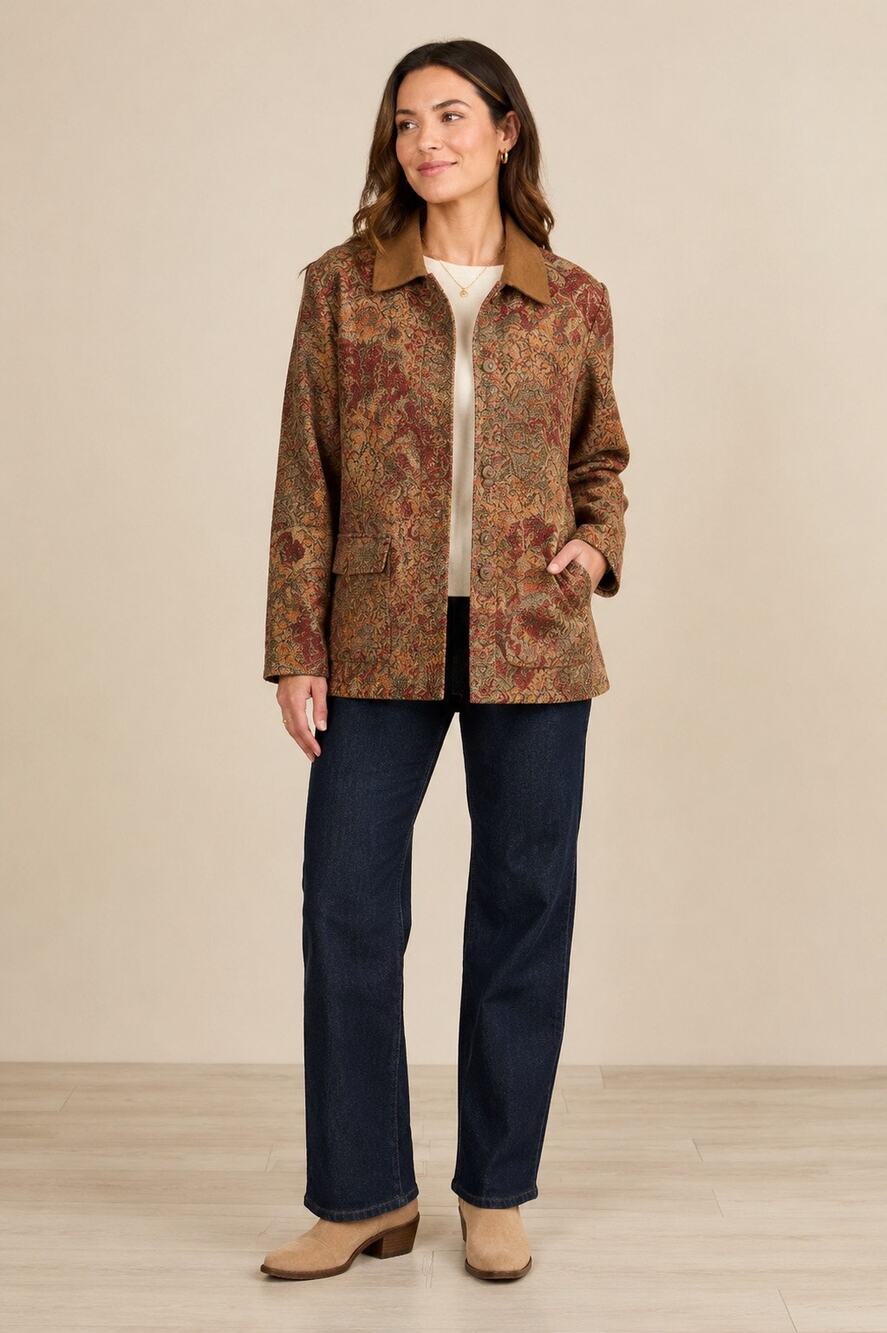 Napa Valley Tapestry Floral Jacket Womenโs Lg Boho Cottagecore Faux Suede Collar